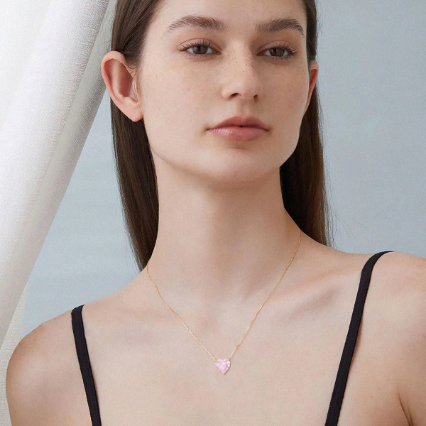18K Gold Heart Cut Pink Cubic Zirconia Pendant Necklace