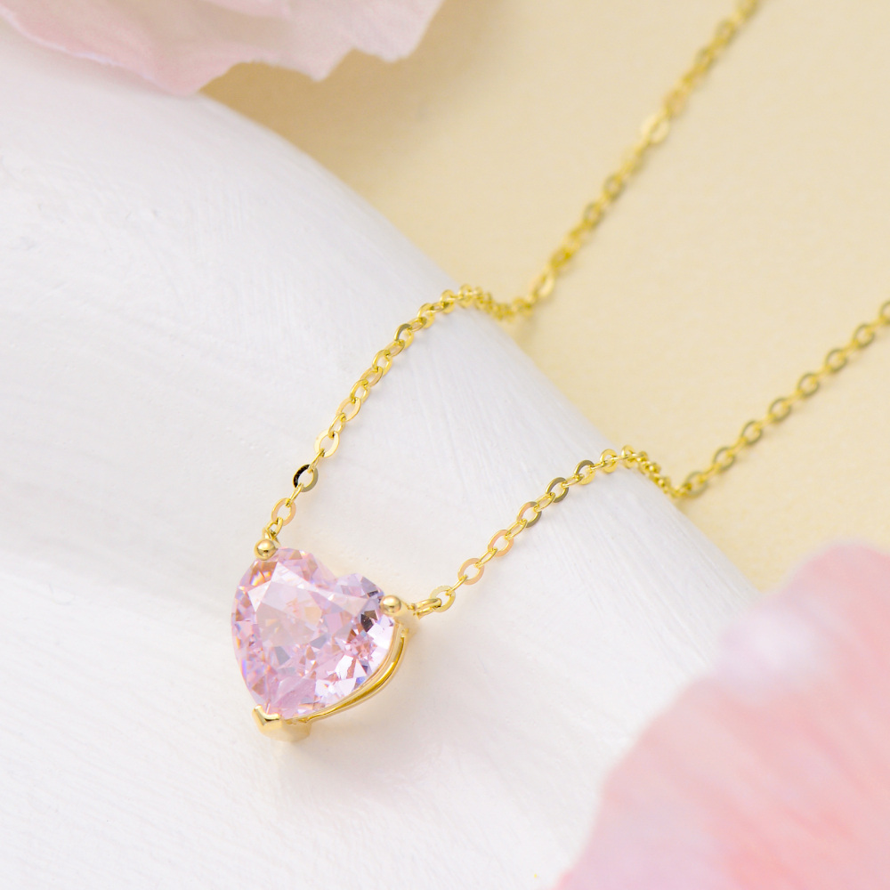 10K Gold 2 CT.T.W. Heart Cut Pink Cubic Zirconia Pendant Necklace-3