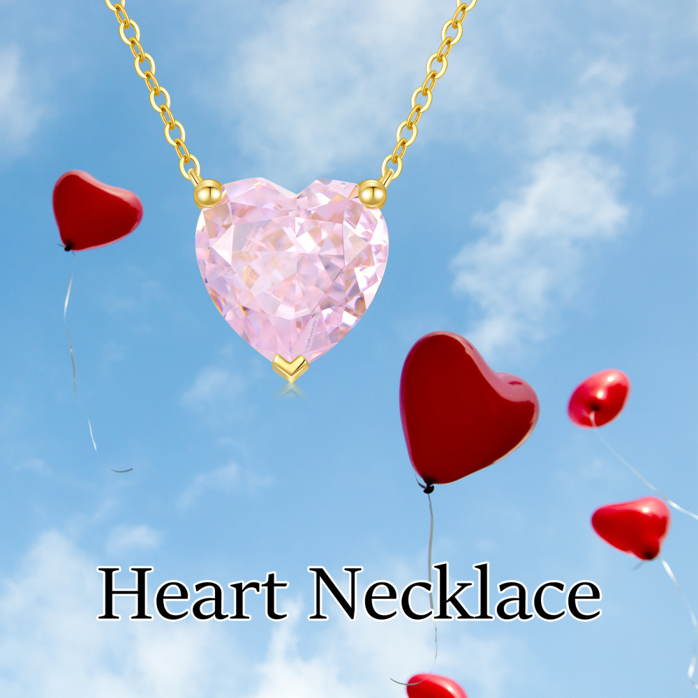 10K Gold 2 CT.T.W. Heart Cut Pink Cubic Zirconia Pendant Necklace-6
