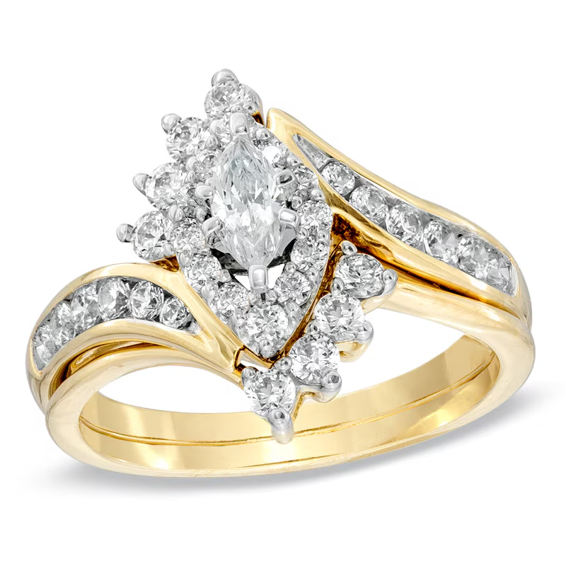 18K Gold 1 CT Marquise Shaped Diamond Custom Engraving Bypass Bridal Set Engagement Ring-1