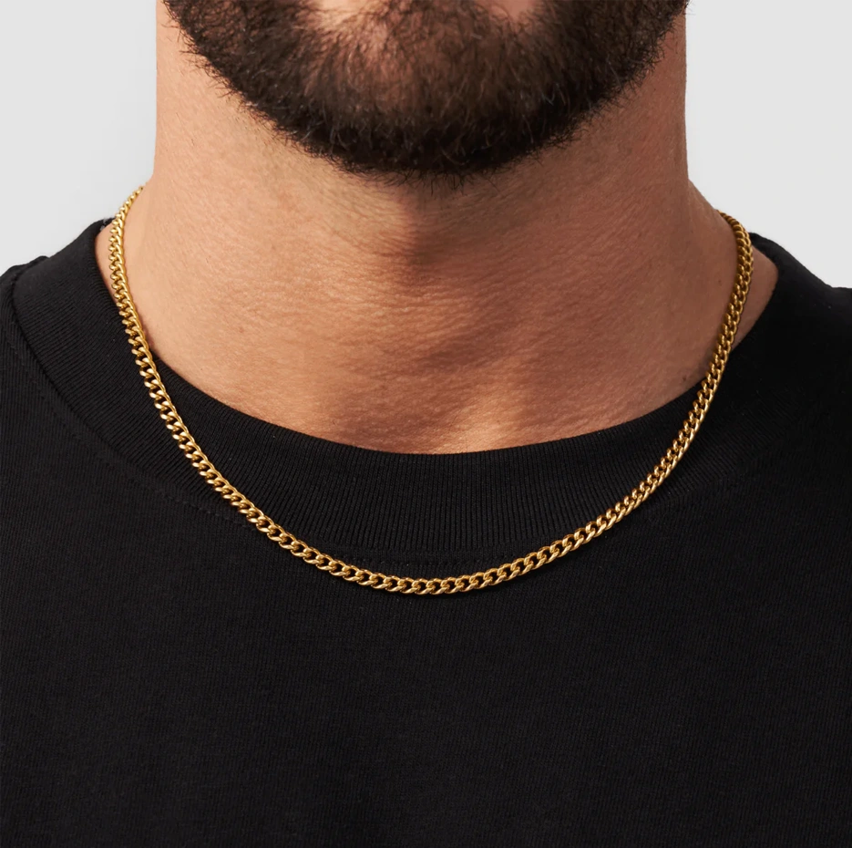 Cadena de eslabones cubanos de oro de 14 quilates para hombre de 4 mm-2