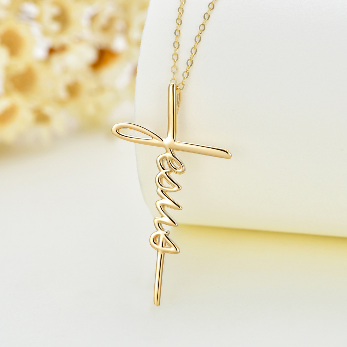 10K Gold Cursive Faith Cross Pendant Necklace-3