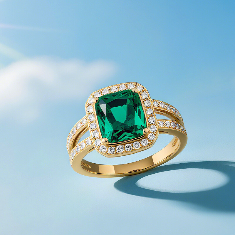 14K Gold Cushion Cut Emerald Engagement Ring-4