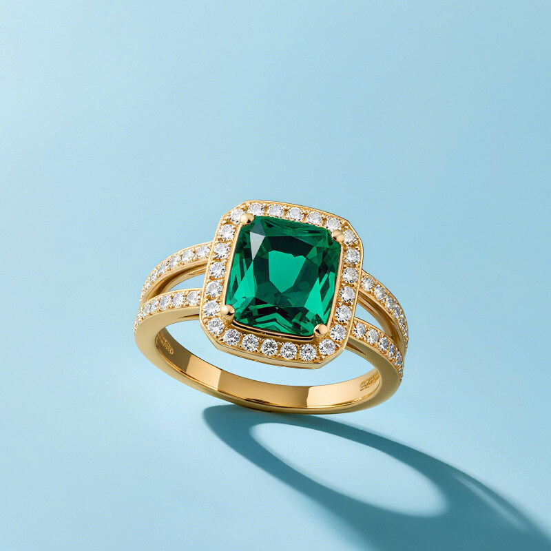 14K Gold Cushion Cut Emerald Engagement Ring-5