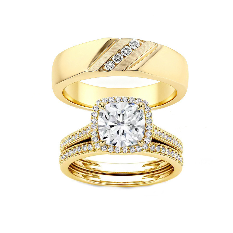 14K Gold Cushion Cut Moissanite Couple Rings-4