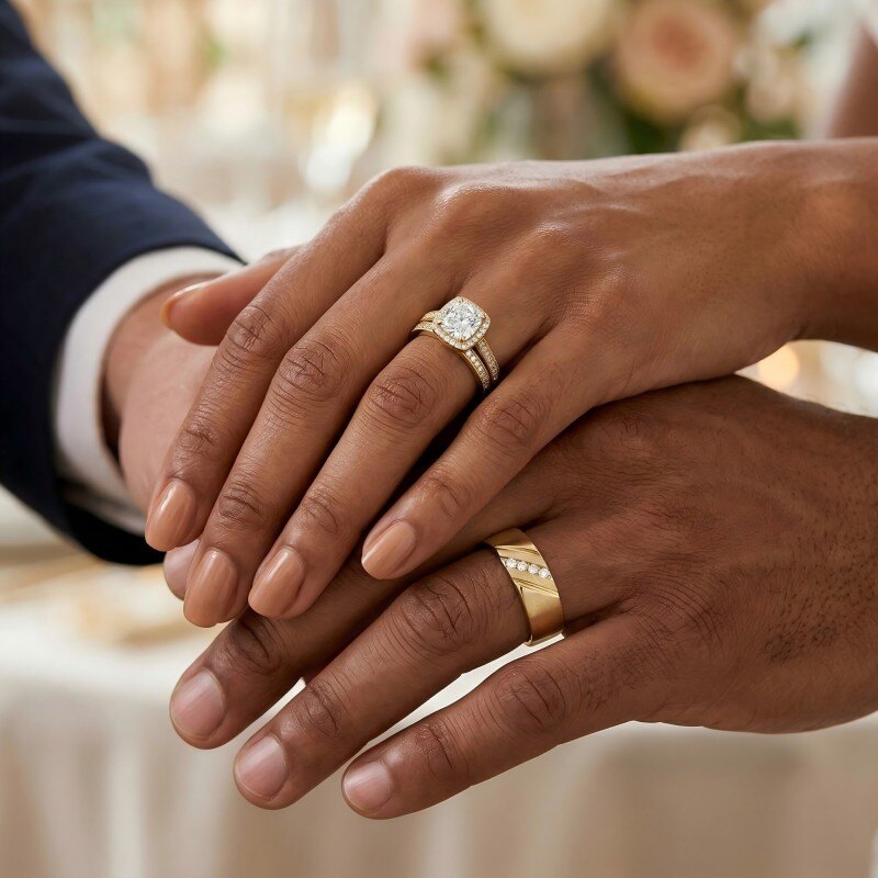 Anillos de pareja de oro de 14 quilates con moissanita cortada en cojín-2