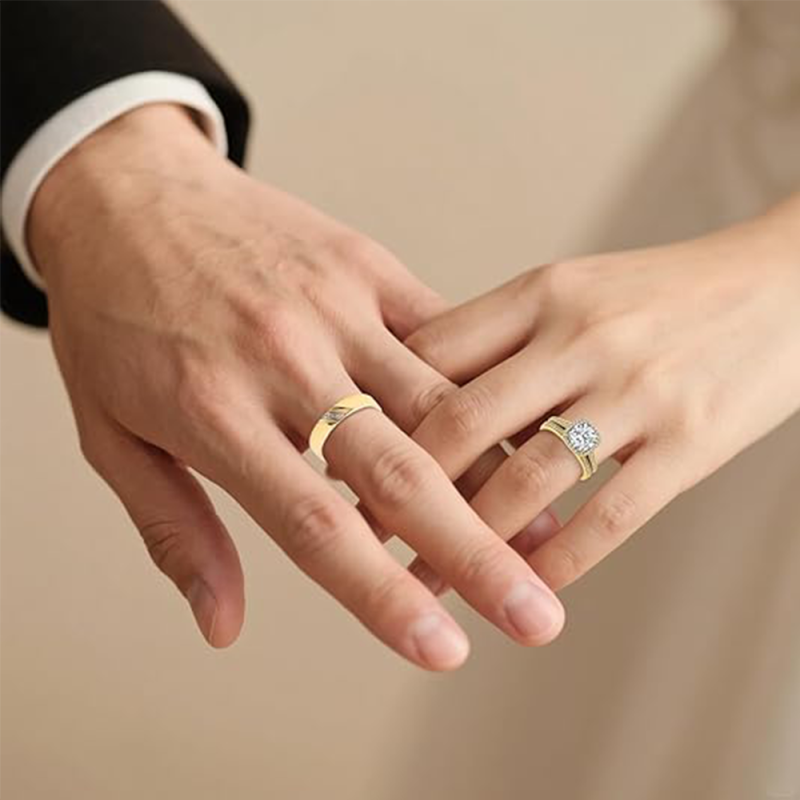 Anillos de pareja de oro de 14 quilates con moissanita cortada en cojín-3