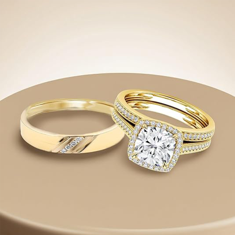 Anillos de pareja de oro de 14 quilates con moissanita cortada en cojín-4