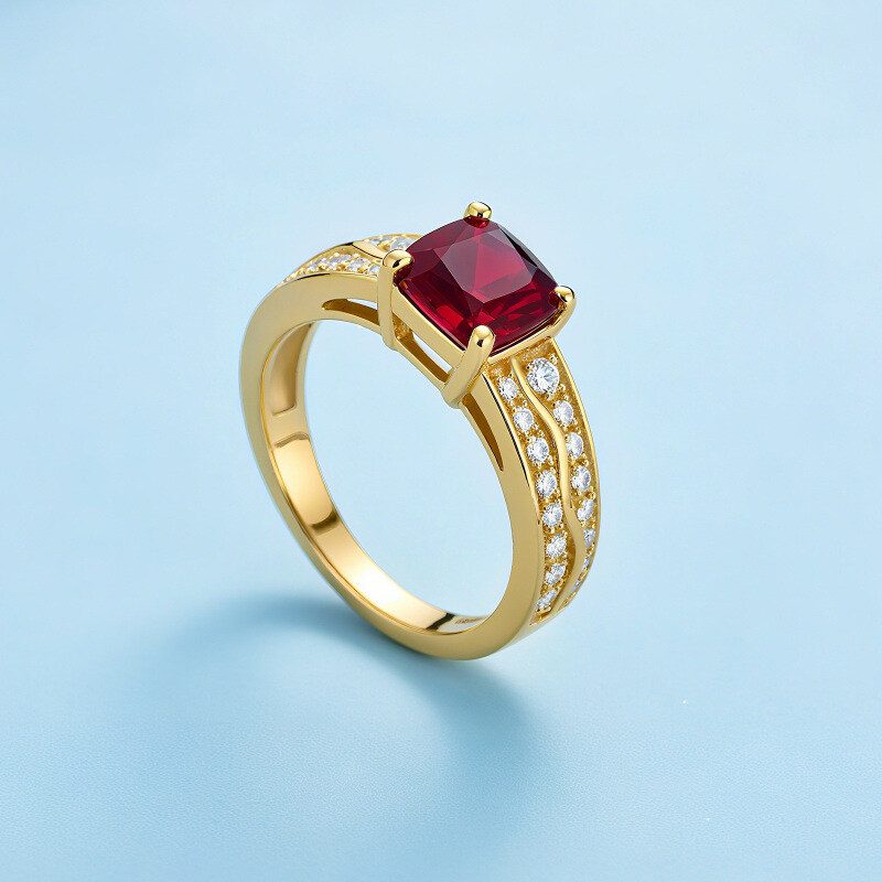 14K Gold Cushion Cut Ruby & Lab Created Diamond Engagement Ring-2