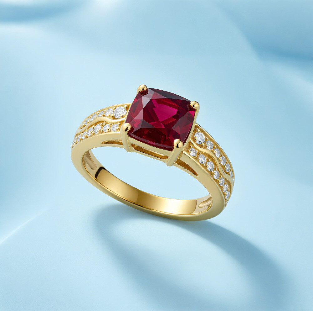 14K Gold Cushion Cut Ruby & Lab Created Diamond Engagement Ring-3