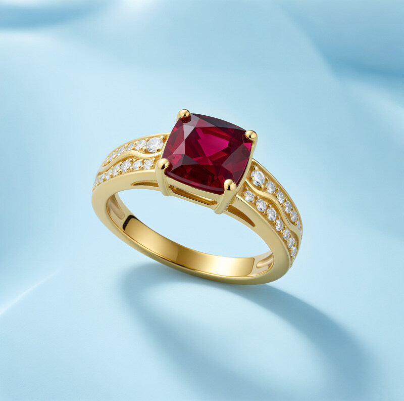 14K Gold Cushion Cut Ruby & Lab Created Diamond Engagement Ring-3