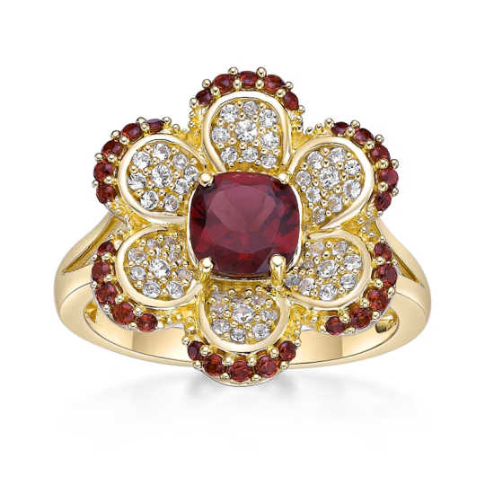 14K Gold Cushion Garnet with Round White Sapphire Flower Split Shank Couple Custom Engraving Band