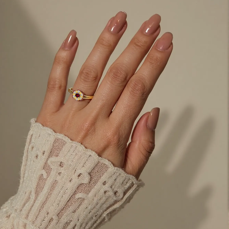 10K Gold Cushion Garnet with Round White Sapphire Flower Split Shank Couple Custom Engraving Band-2