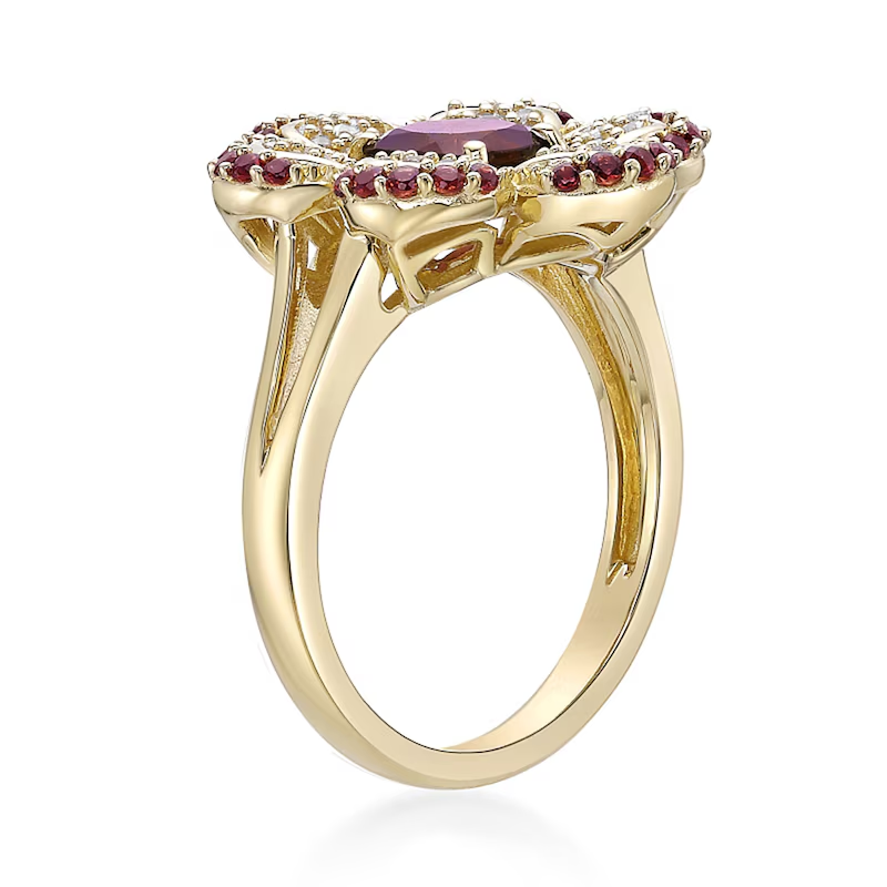 10K Gold Cushion Garnet with Round White Sapphire Flower Split Shank Couple Custom Engraving Band-3