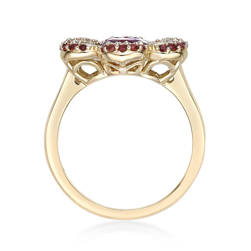 10K Gold Cushion Garnet with Round White Sapphire Flower Split Shank Couple Custom Engraving Band-4