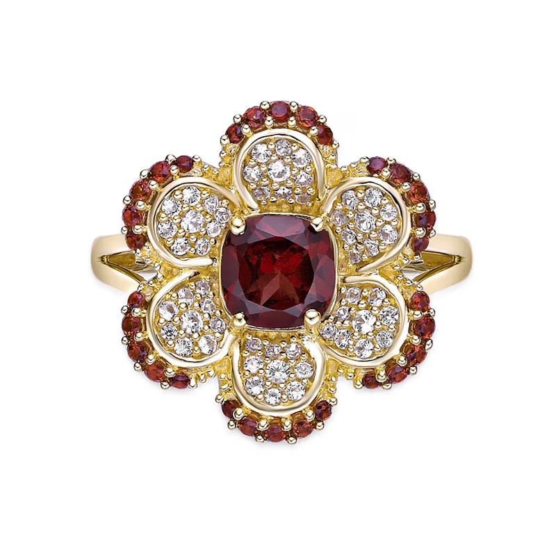 10K Gold Cushion Garnet with Round White Sapphire Flower Split Shank Couple Custom Engraving Band-5