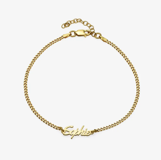 Tobillera con nombre personalizado en plata de ley bañada en oro amarillo