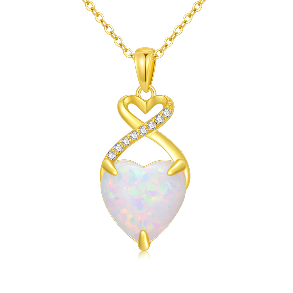 10K Gold Cut Lab Created Diamond & Opal Heart Pendant Necklace-1