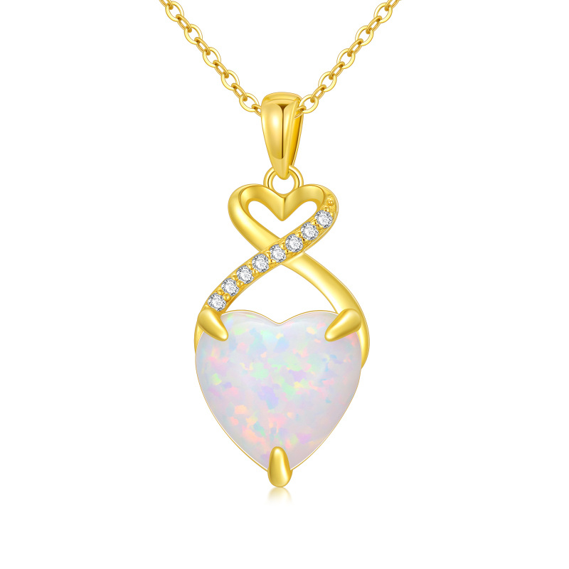 10K Gold Cut Lab Created Diamond & Opal Heart Pendant Necklace-12