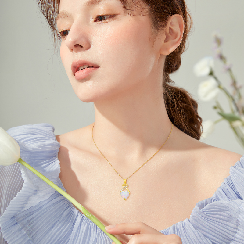 10K White Gold Heart Cut Lab Created Diamond & Opal Heart Pendant Necklace-2