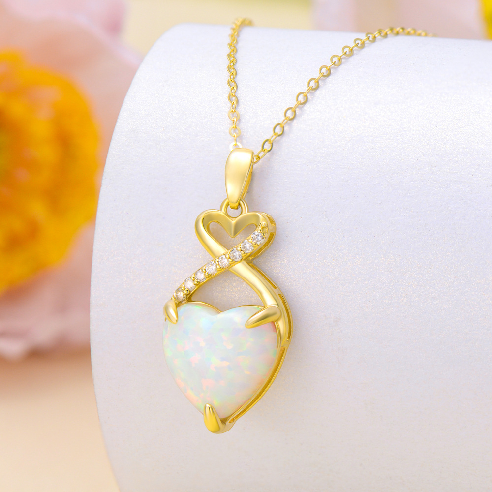 10K Gold Cut Lab Created Diamond & Opal Heart Pendant Necklace-3