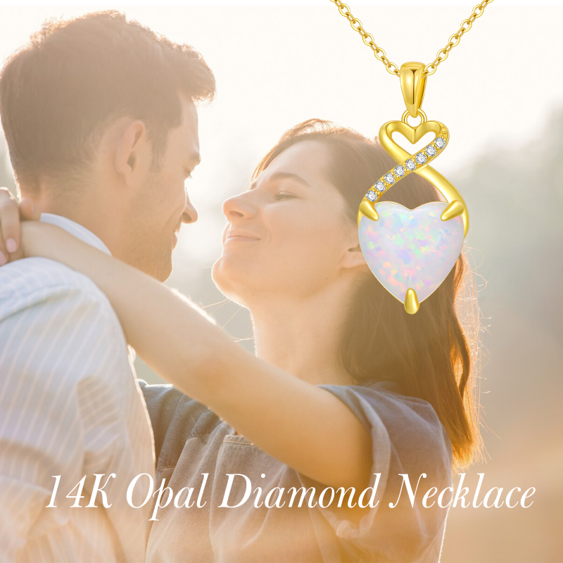 10K White Gold Heart Cut Lab Created Diamond & Opal Heart Pendant Necklace-6