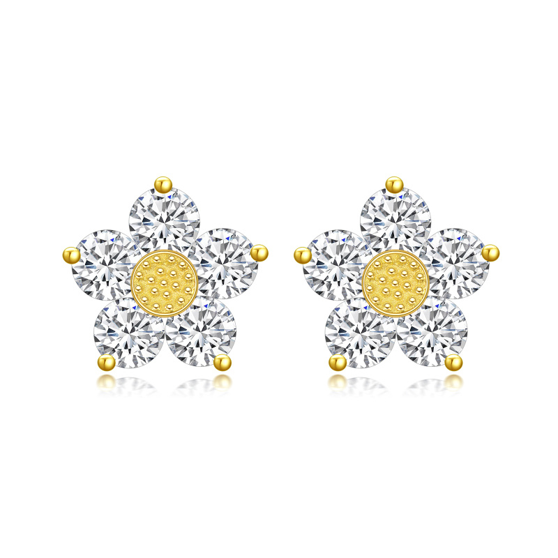 Boucles d'oreilles marguerite en or 18 carats et zircon cubique-1