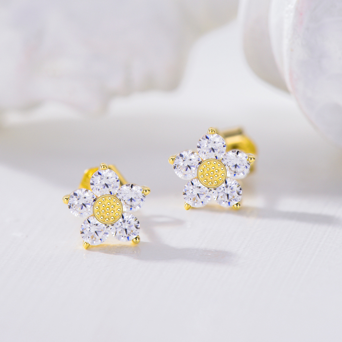 14K Gold Cubic Zirconia Daisy Earrings-3