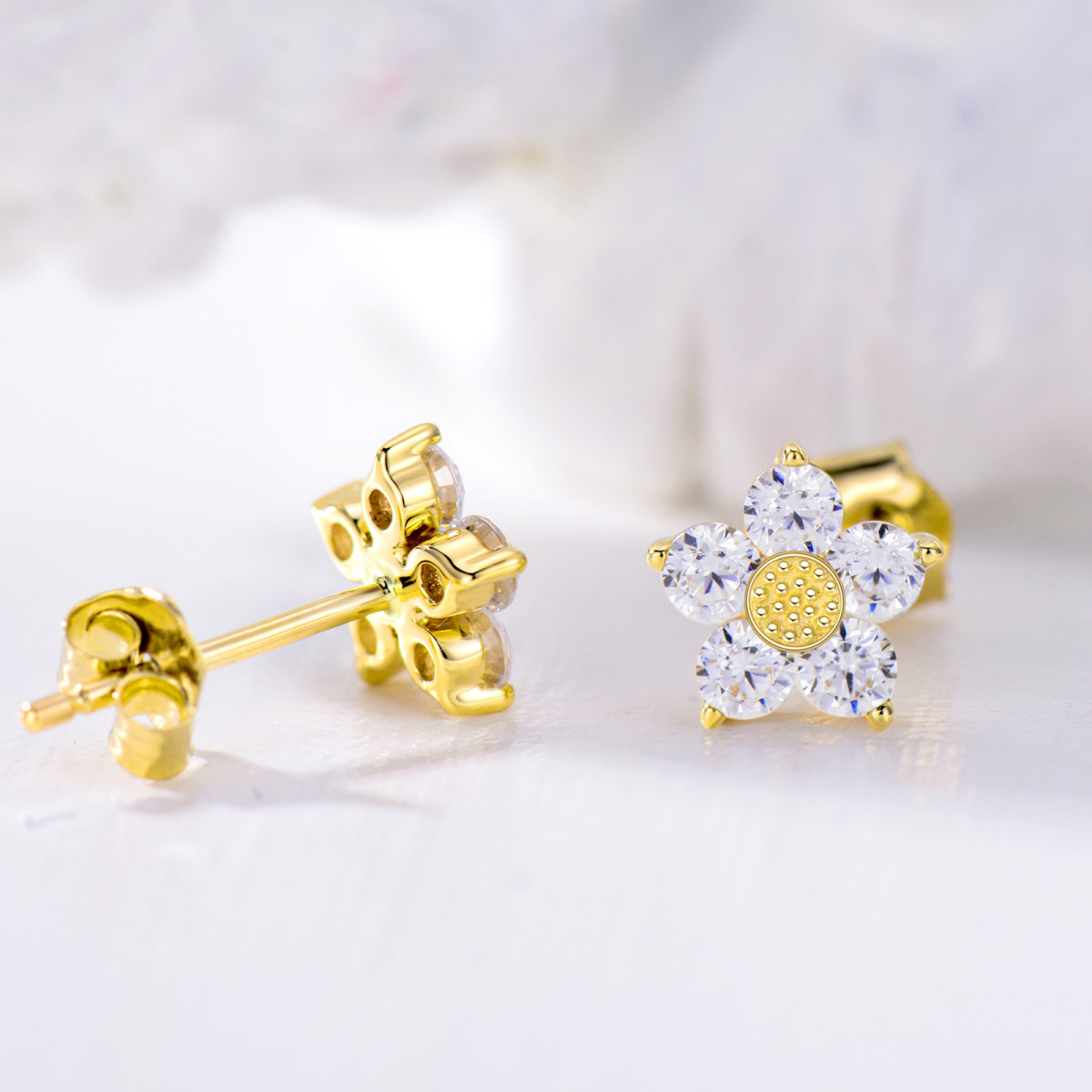 14K Gold Cubic Zirconia Daisy Earrings-4
