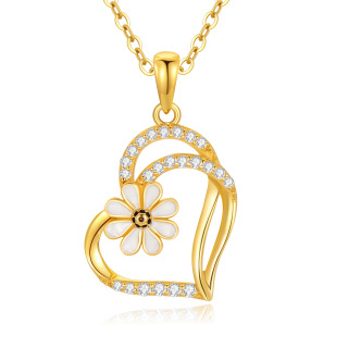 10K Gold Cubic Zirconia Daisy & Heart With Heart Necklace for Women-1