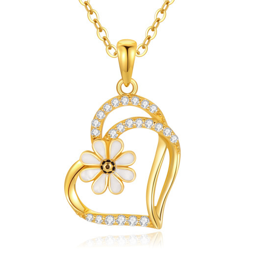 10K Gold Cubic Zirconia Daisy & Heart With Heart Necklace for Women