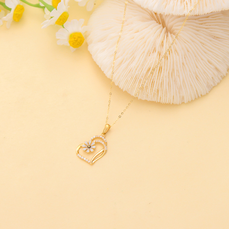10K White Gold Cubic Zirconia Daisy & Heart With Heart Pendant Necklace-3