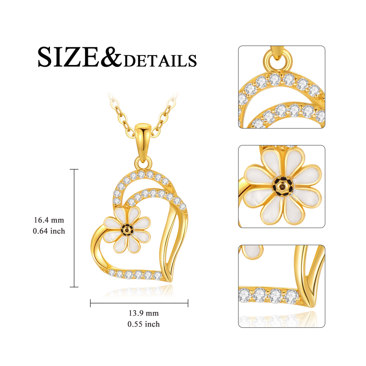 10K Gold Cubic Zirconia Daisy & Heart With Heart Necklace for Women-4