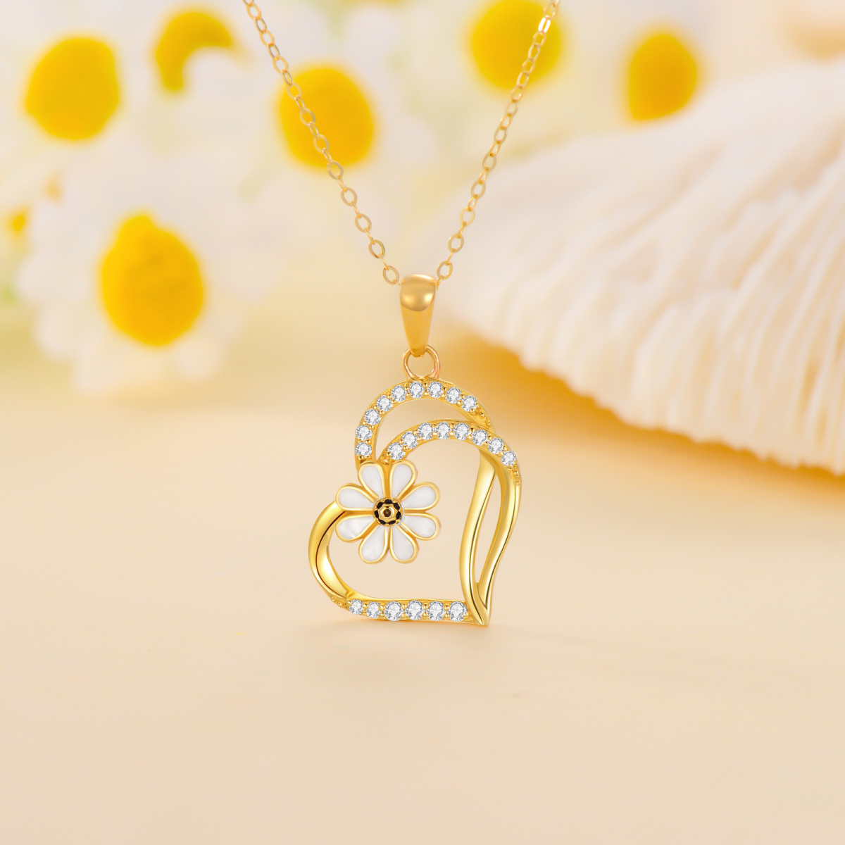 10K Gold Cubic Zirconia Daisy & Heart With Heart Necklace for Women-5