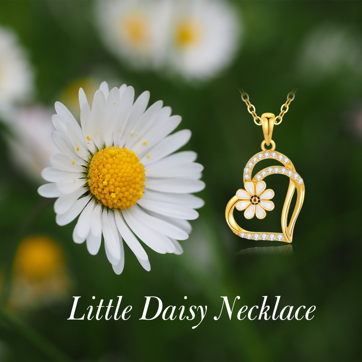 10K Gold Cubic Zirconia Daisy & Heart With Heart Necklace for Women-6