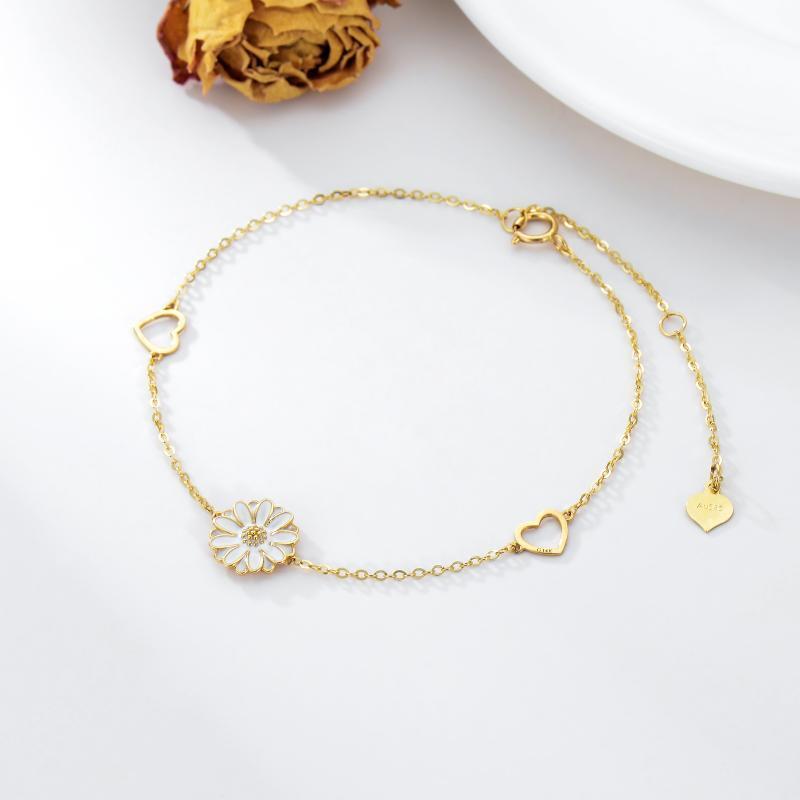 10K Gold Daisy & Heart Charm Bracelet-3