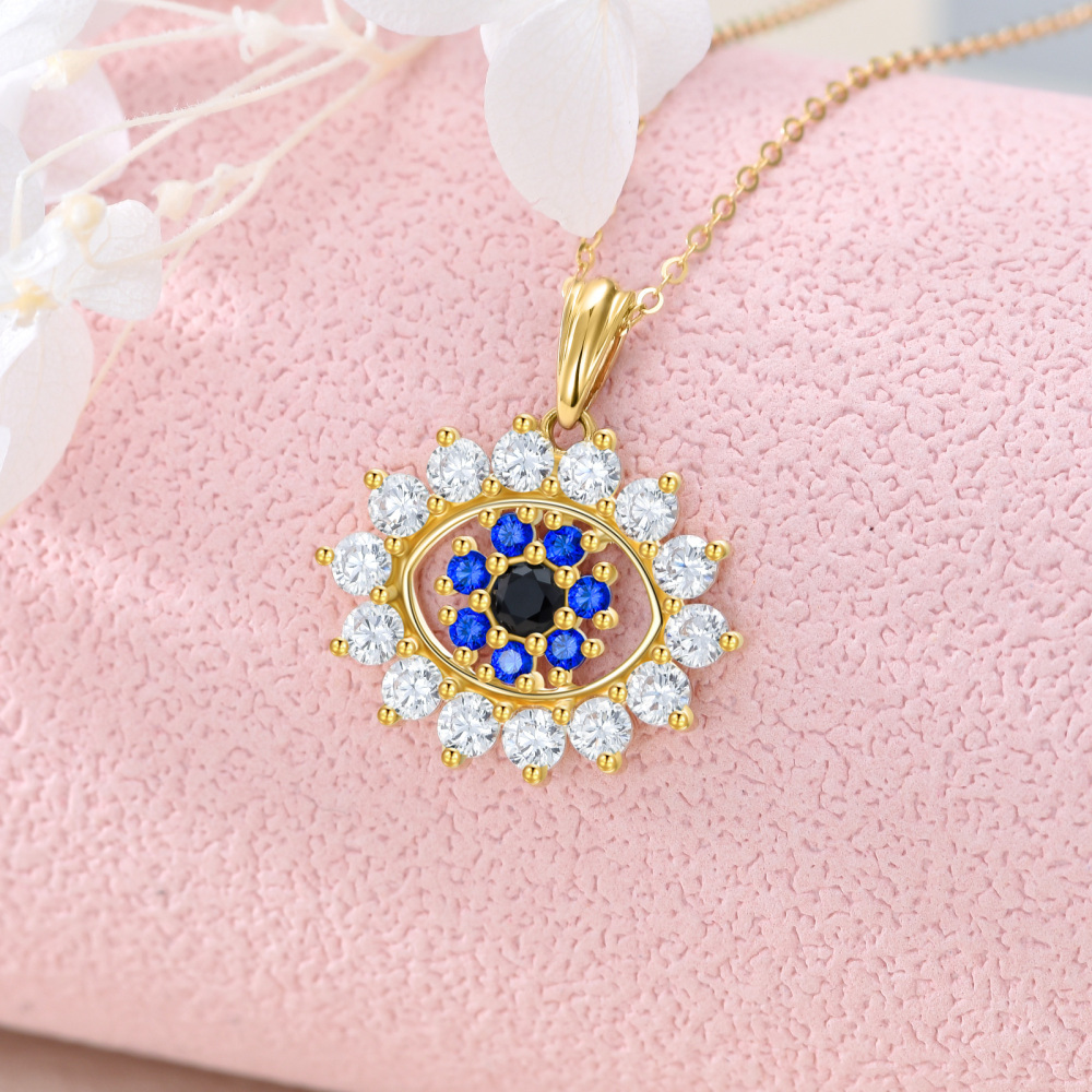 10K Gold Cubic Zirconia Devil's Eye Pendant Necklace-3