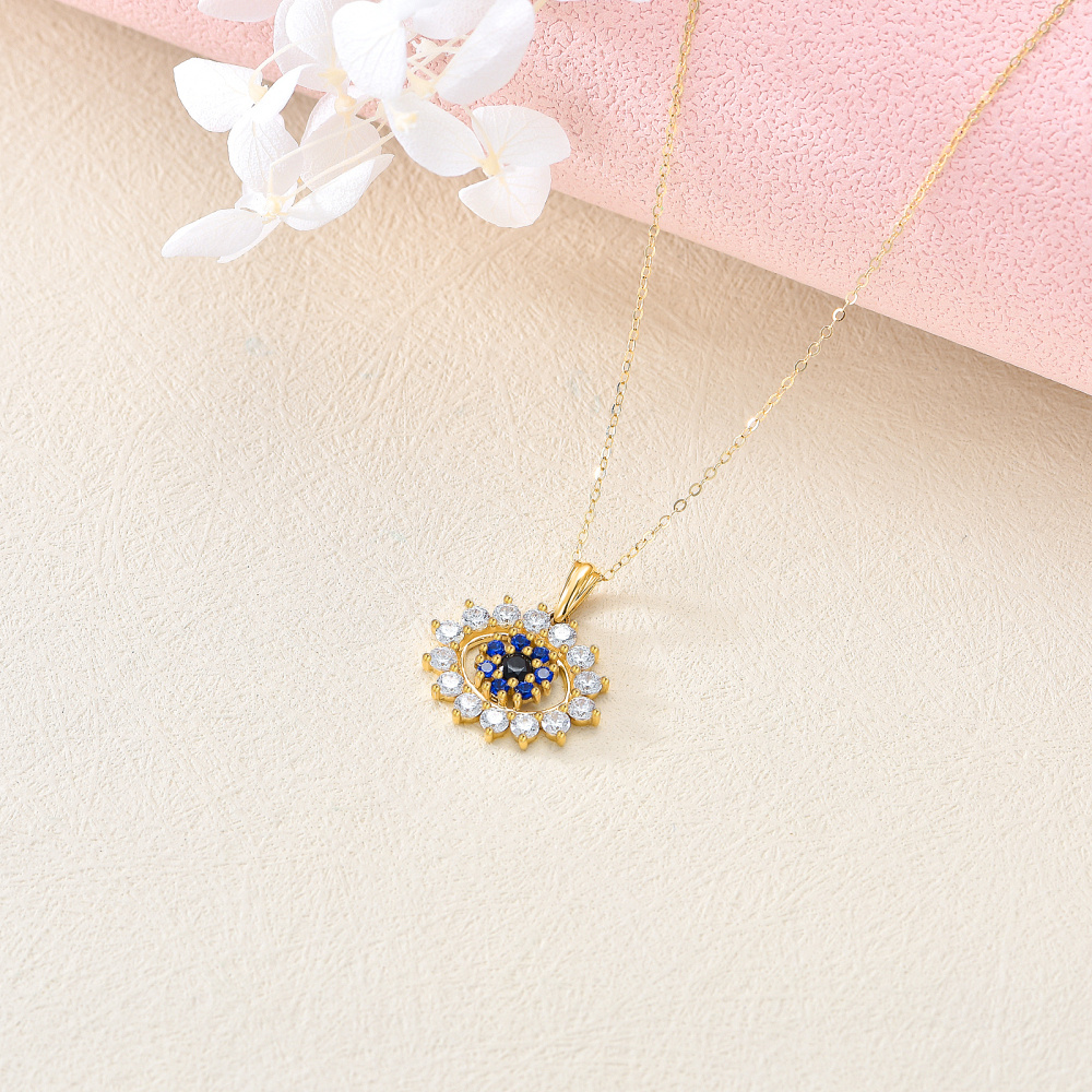 10K Gold Cubic Zirconia Devil's Eye Pendant Necklace-4