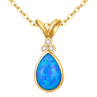 10K Gold Diamond & Blue Opal Drop Shape Aries Pendant Necklace-50