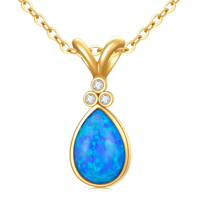 10K Gold Diamond & Blue Opal Drop Shape Aries Pendant Necklace