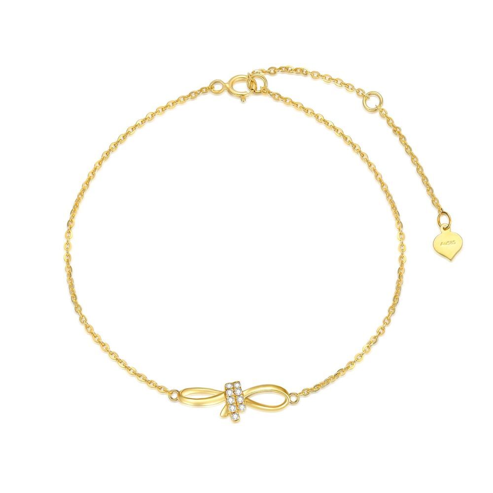 Pulseira com pingente de coração e laço de diamante em ouro 10K-1