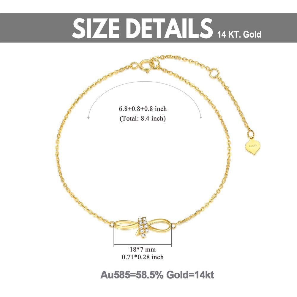 Pulseira com pingente de coração e laço de diamante em ouro 10K-6