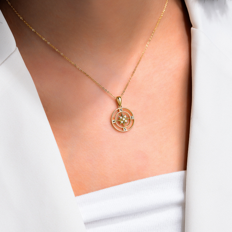 10K White Gold Diamond Compass Pendant Necklace-2