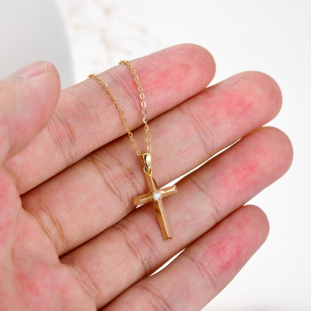 10K Gold Diamond Cross Pendant Necklace-4