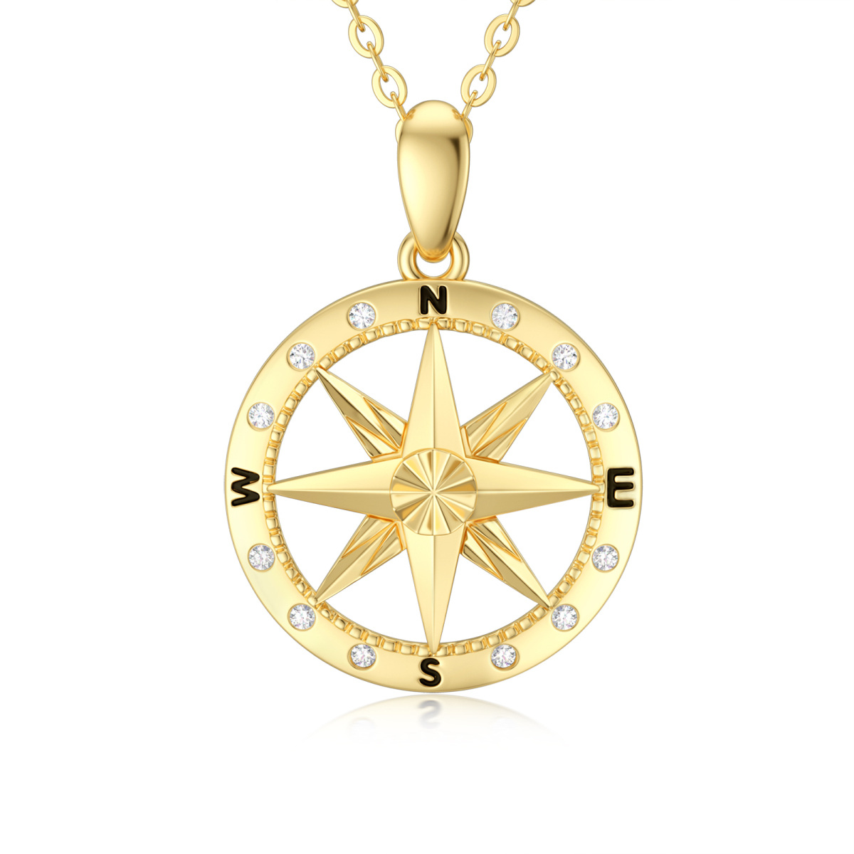 10K Gold Cubic Zirconia Diamond Cut Compass Pendant Necklace-1