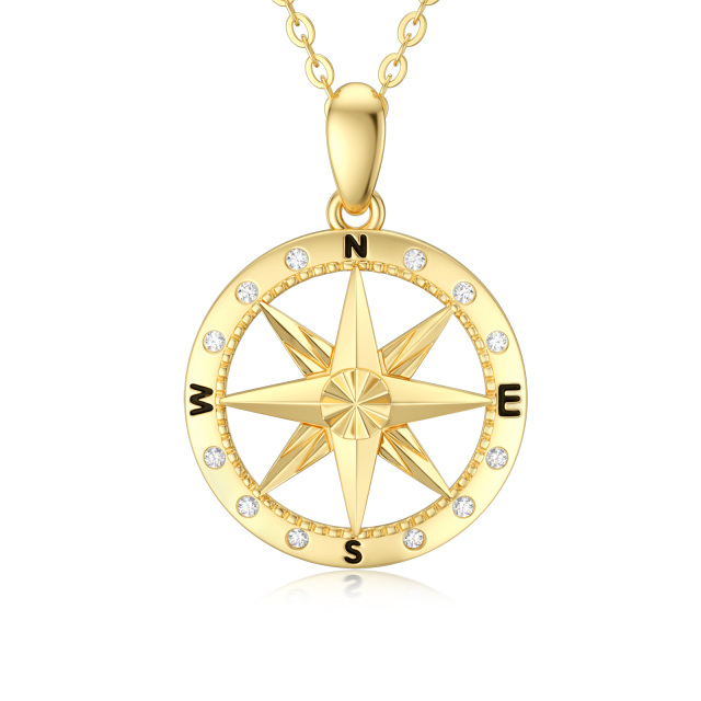 14K Gold Cubic Zirconia Diamond Cut Compass Pendant Necklace-4