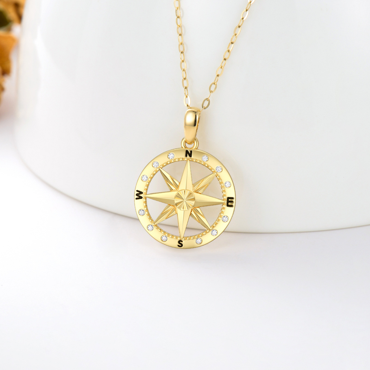 10K Gold Cubic Zirconia Diamond Cut Compass Pendant Necklace-3