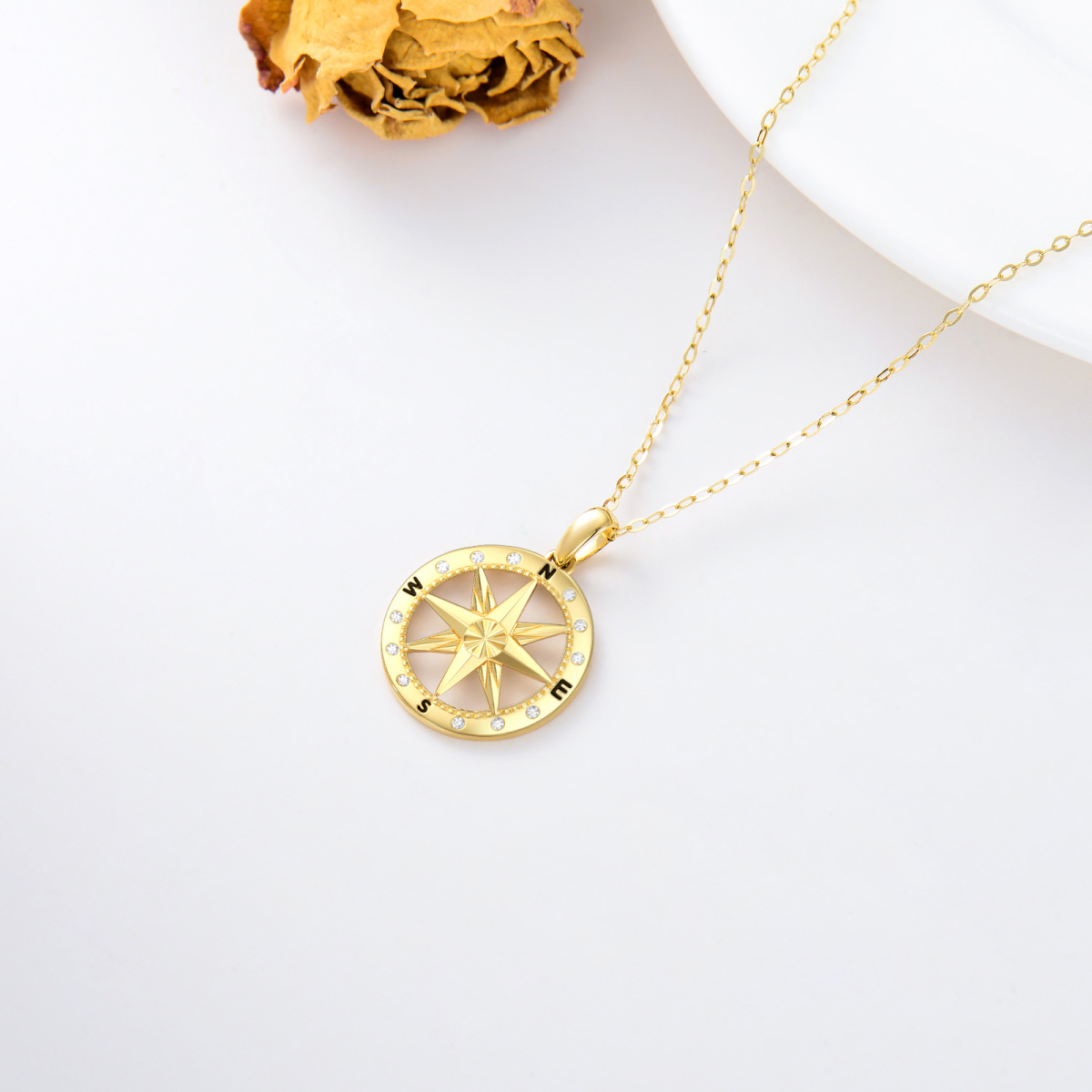 10K Gold Cubic Zirconia Diamond Cut Compass Pendant Necklace-4