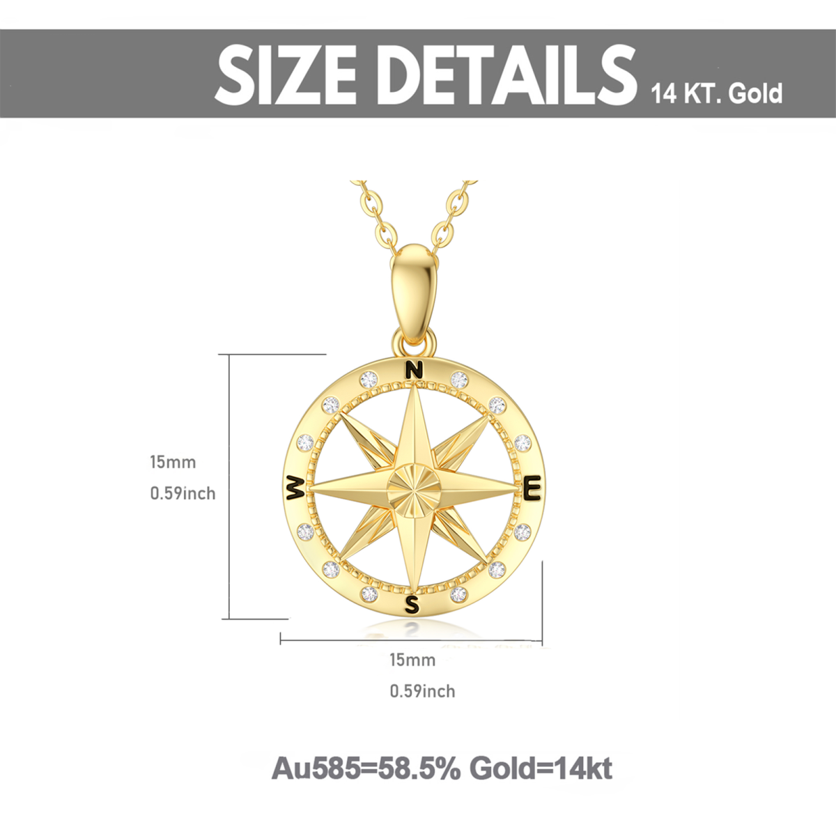 10K Gold Cubic Zirconia Diamond Cut Compass Pendant Necklace-6