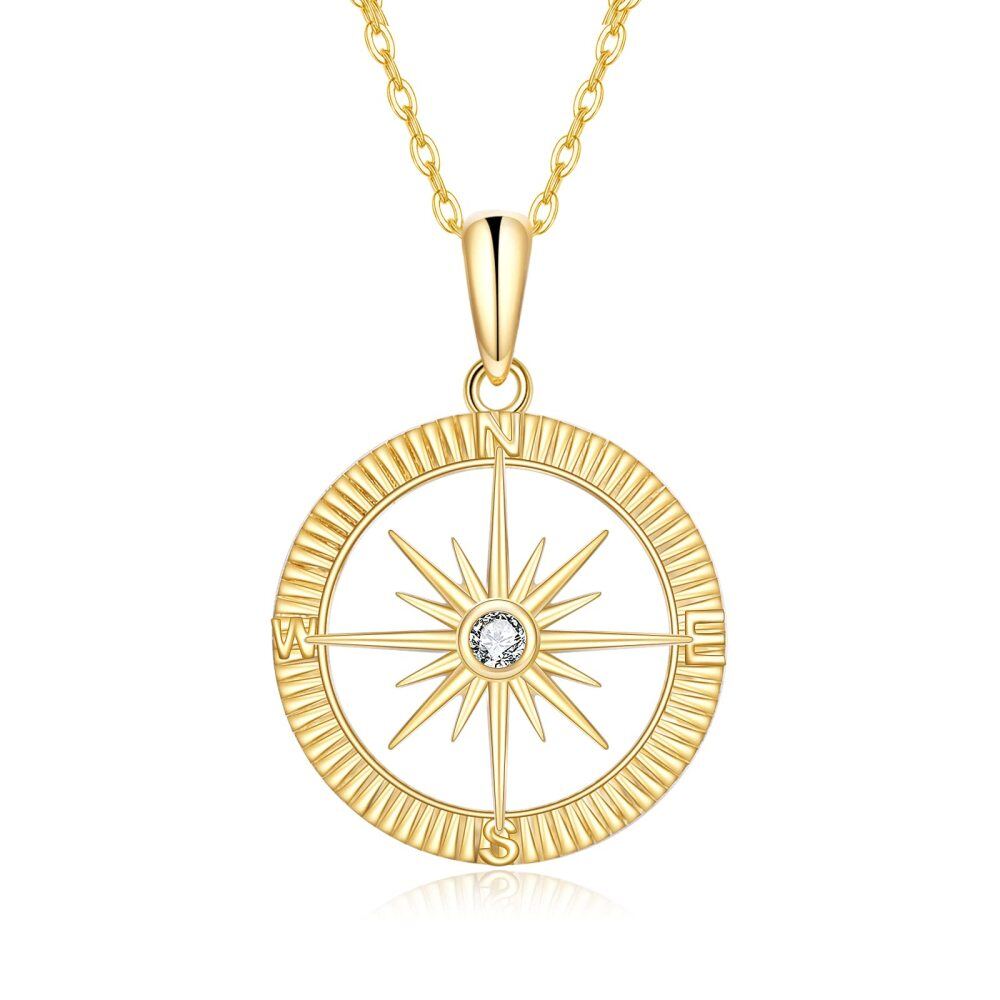 10K Gold Cubic Zirconia Diamond Cut Compass & Sun Pendant Necklace-1